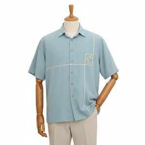 Bamboo Cay Mens Large Hawaiian Blue Palm Tree Embroidered Short Sleeve Shirt